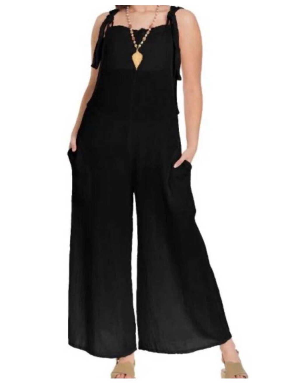 Oh My Gauze! Black Wide-Leg Jumpsuit with Tie Straps
